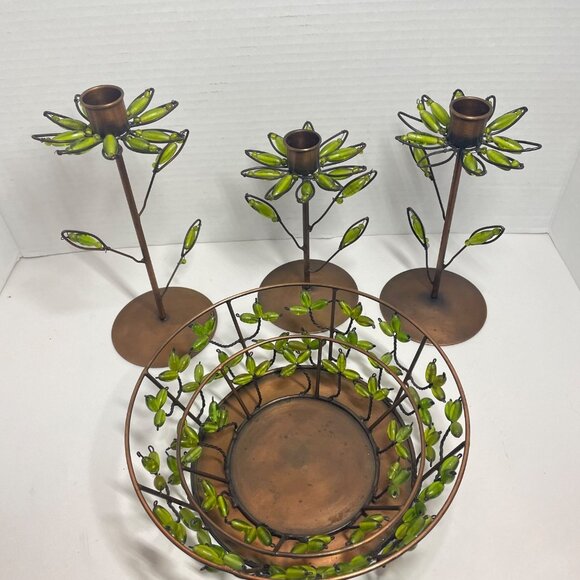 Decorative Shastra Copper & Green Beaded Candle Holder & Bowl Set Made in India - Picture 2 of 12